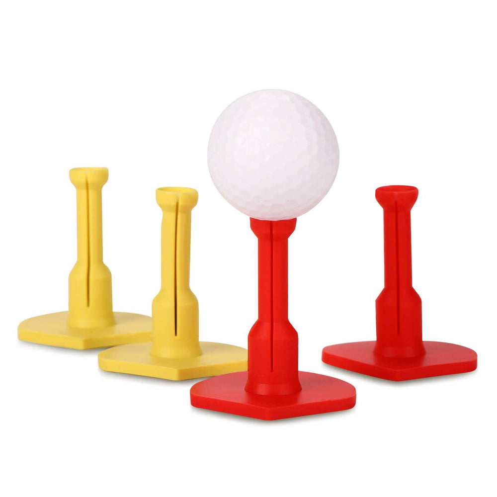 two yellow rubber golf tees and two red rubber golf tees
